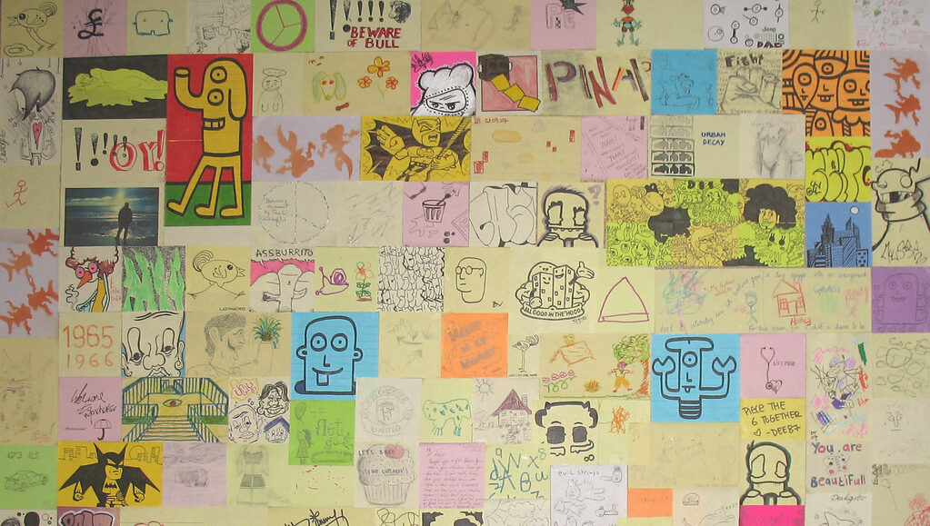 A collage composed of illlustrated post-it notes.