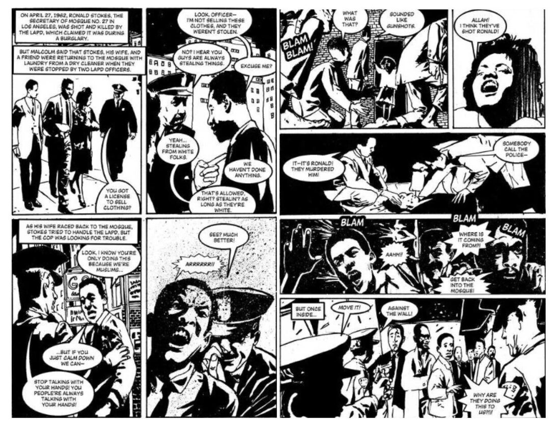 Black and white panels depicting the murder of Ronald Stokes, from the Malcolm X graphic novel.