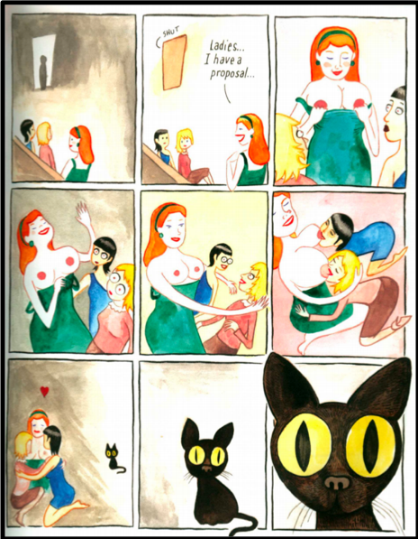 A nine panel comic on one page with three panels in each row. The sequence of panels show three women, one with red hair, one with brown hair, and one with blond hair, engaging in sexual play. The last two panels end by zooming in on the cat's shocked face as he watches the three women.