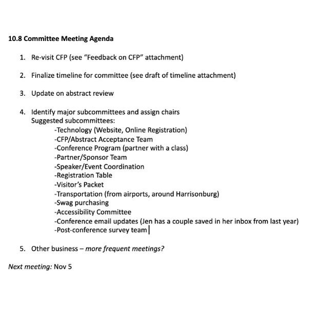 A screenshot of the Committee Meeting Agenda includes revisiting the CFP and assigning subcommittee chairs.
