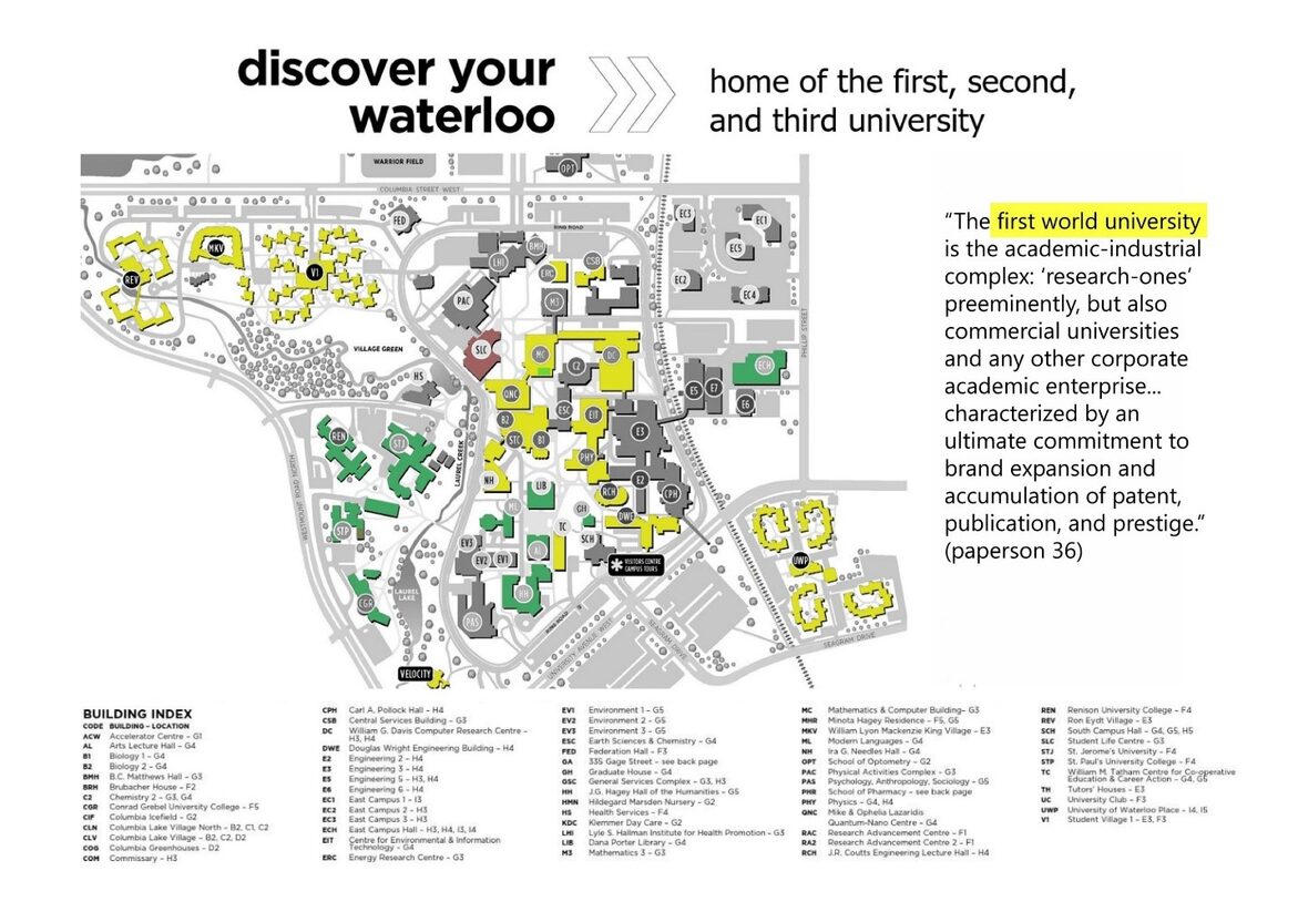 A map of the Waterloo campus with elements highlighted in yellow.