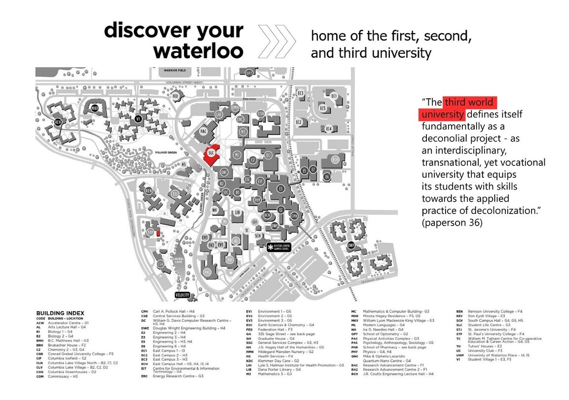 A map of the Waterloo campus with elements highlighted in red.