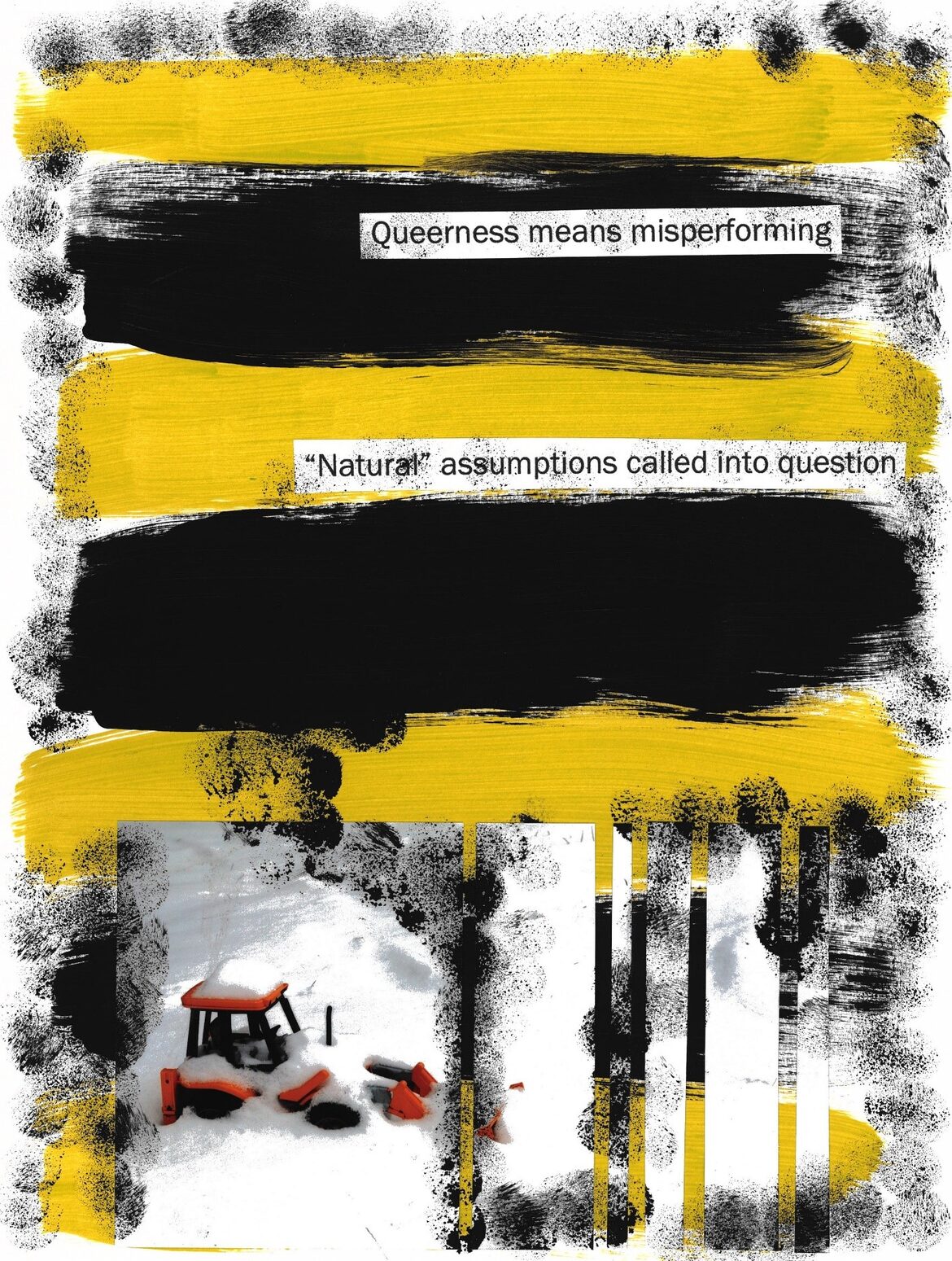 A background of black and yellow overlaid with the image of a snow-covered tractor. Text says 