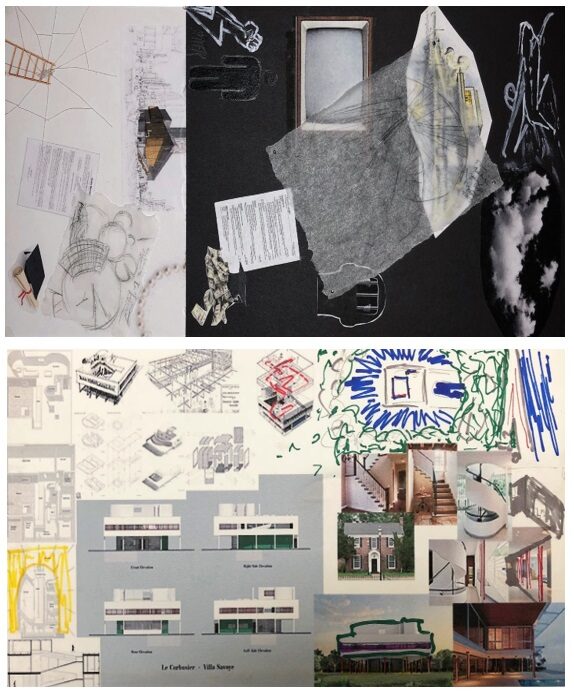 Two collages: the top features black drawings on a white background on a third of it, and images of papers, clouds, and a TV on a black background on the rest. The bottom features building schematics, bright scribbles, and pictures of hallways and staircases.